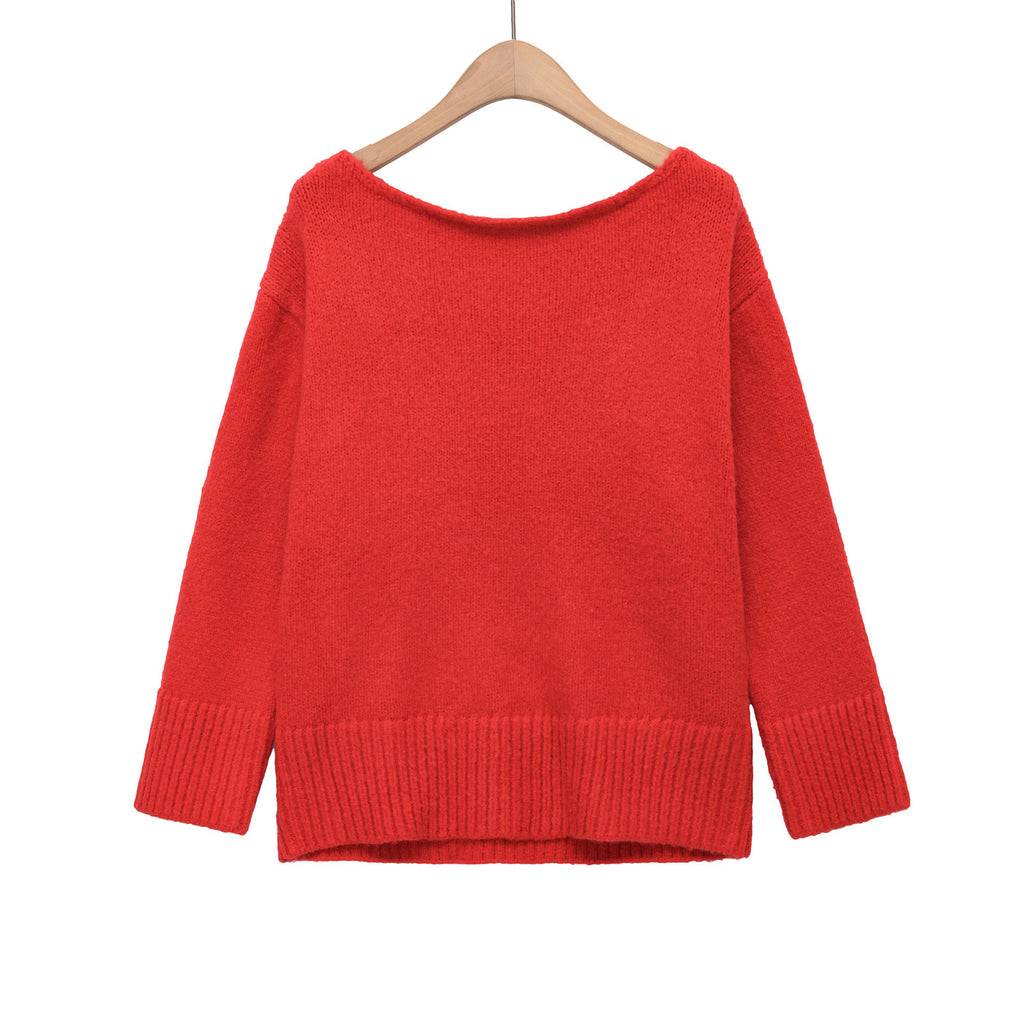 Ship collar loose shoulder pullover knit sweater