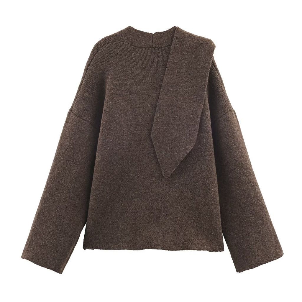 Commuter style scarf asymmetrical pullover knit sweater