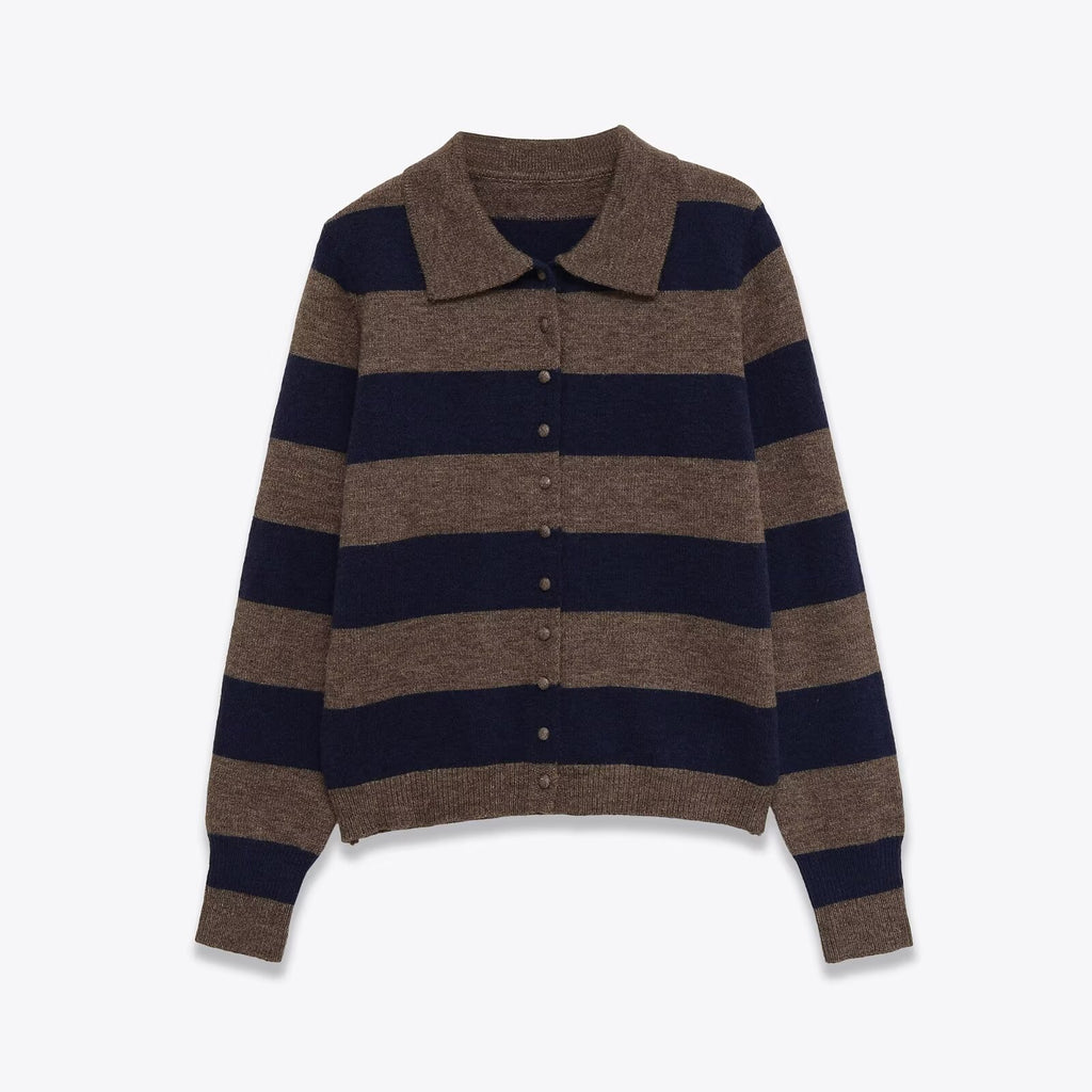 Women's long sleeved polo collar striped knitted sweater