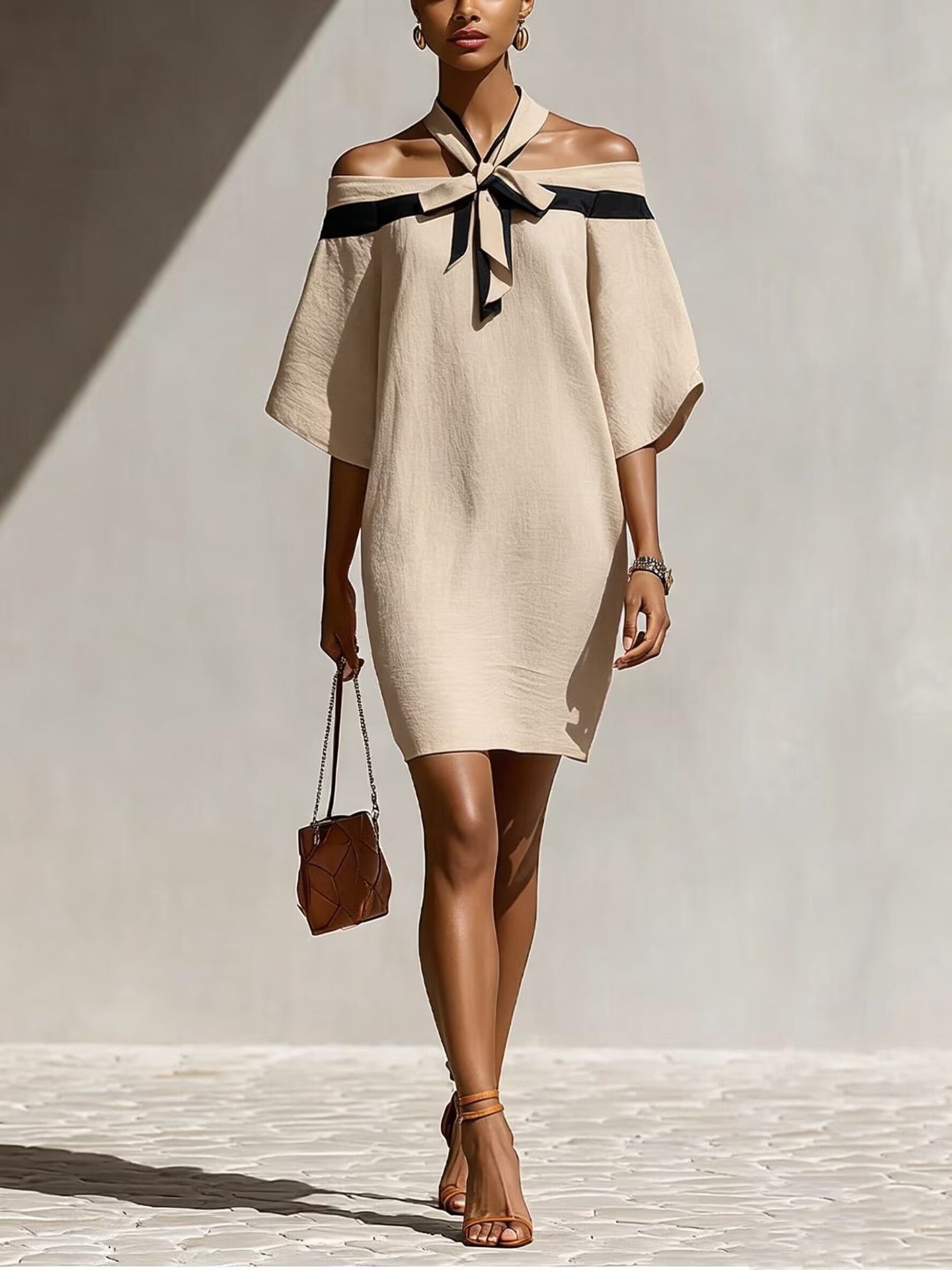 One shoulder bow collar dress