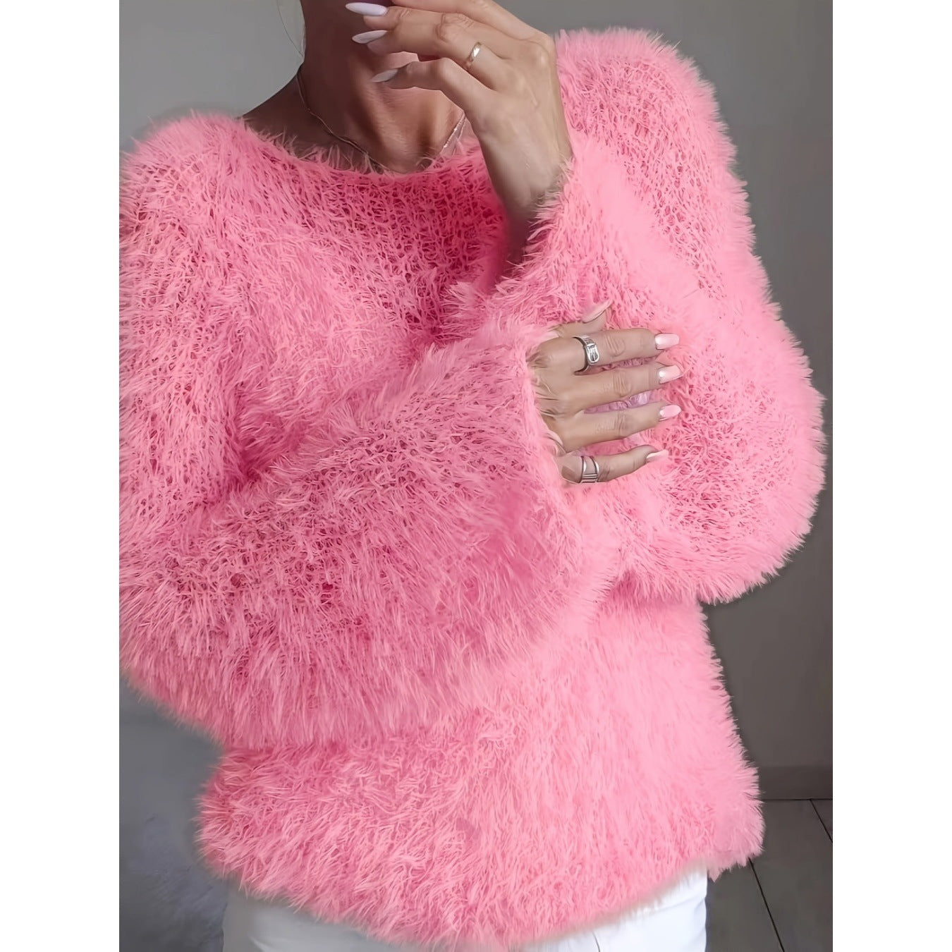 Women's macaron round neck fluffy solid color long sleeved fur top
