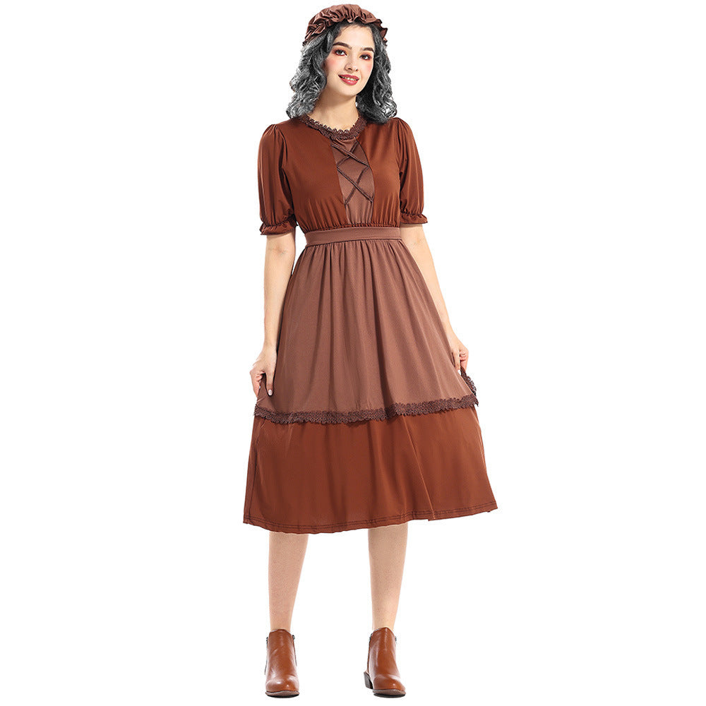 Colonial Pioneer Costume Deep Brown WolfCosplay Granny Maid Outfit with Lace Trim