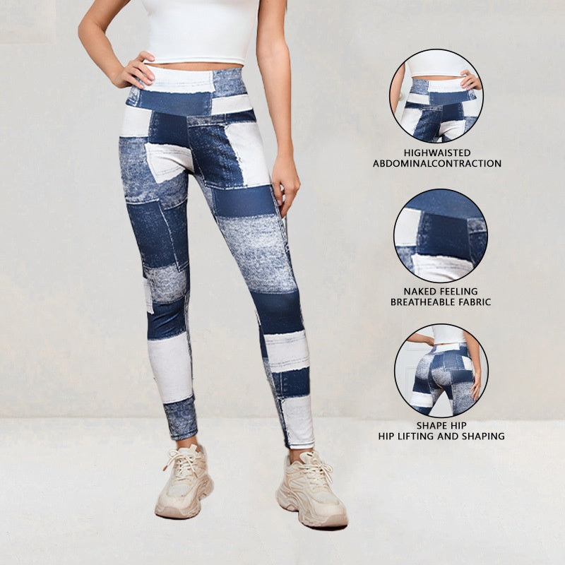 Denim-like Plaid Peach Print High-Waisted Tummy Control Slim Fit Yoga Fitness Pants
