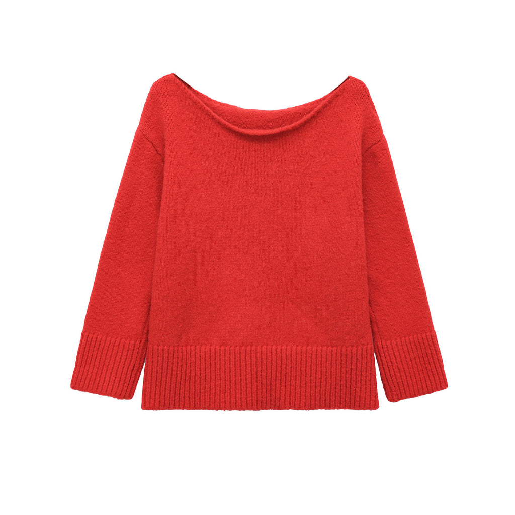 Ship collar loose shoulder pullover knit sweater