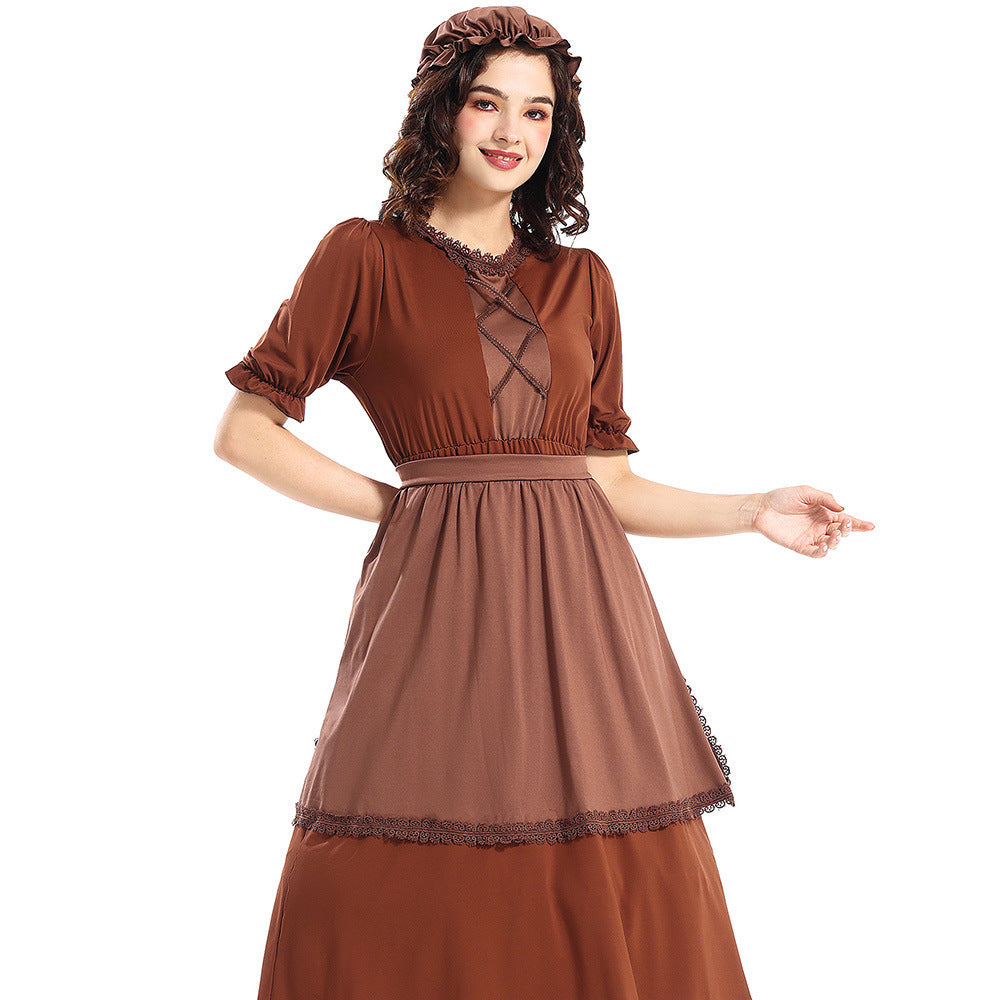 Colonial Pioneer Costume Deep Brown WolfCosplay Granny Maid Outfit with Lace Trim