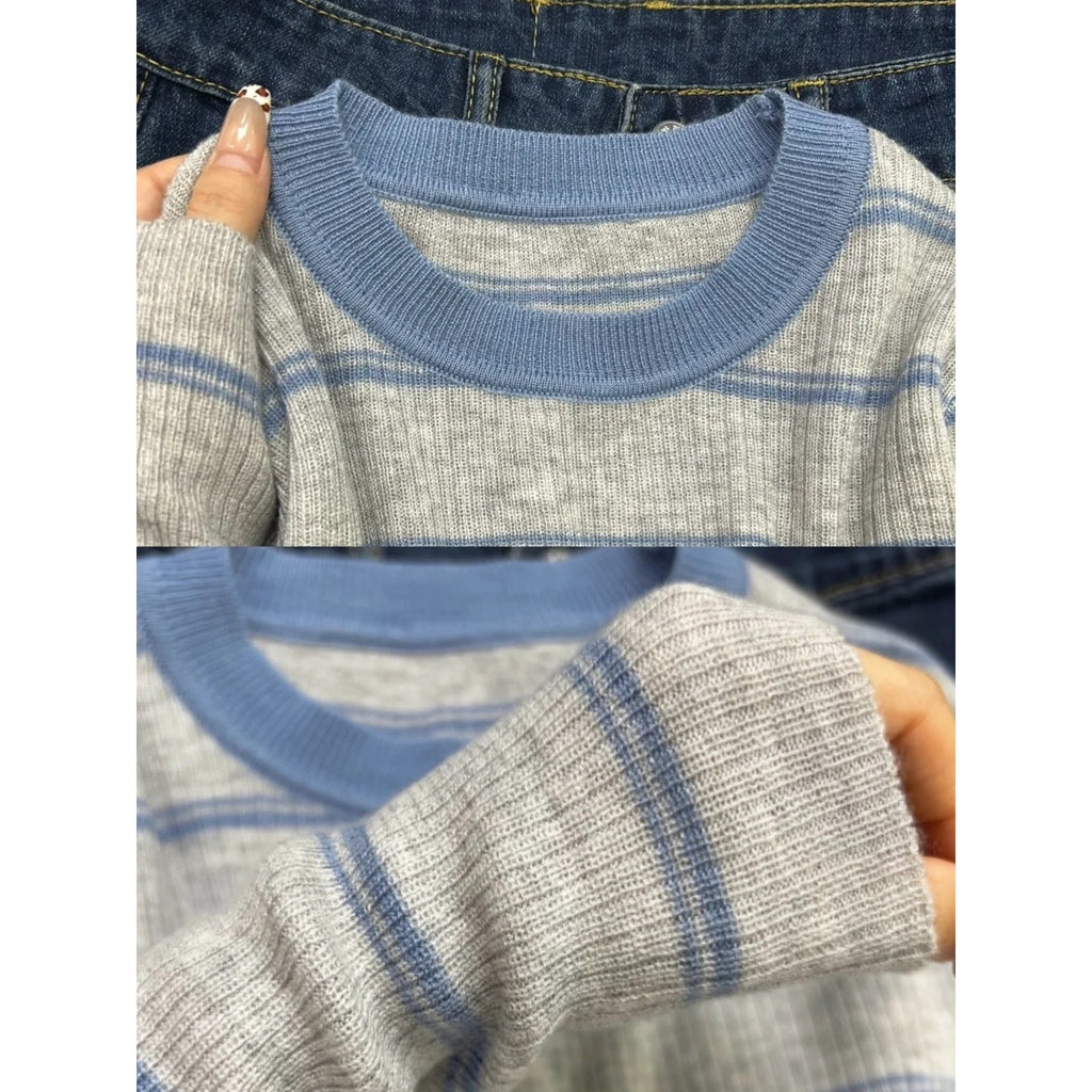 Blue and Gray Contrast Lightweight Knit Sweater