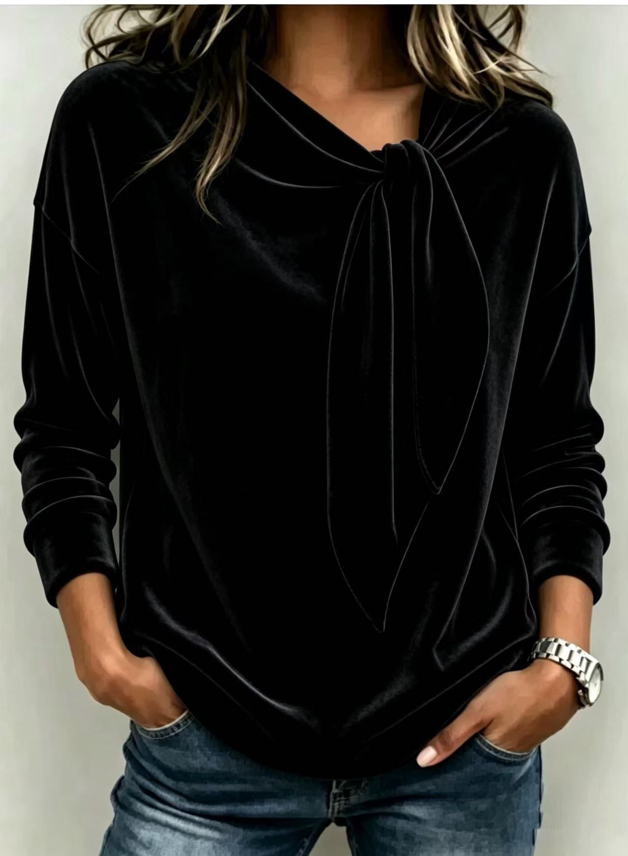 Solid color long sleeved bow top