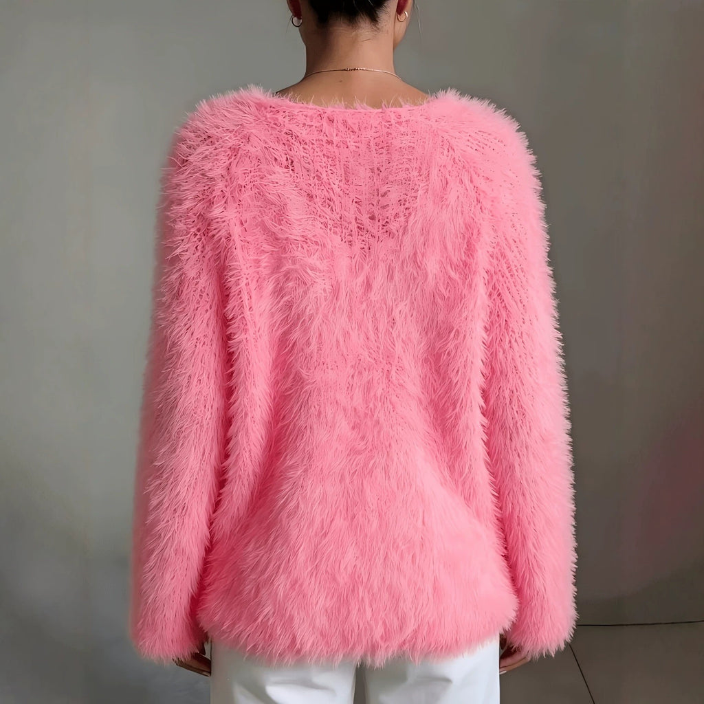 Women's macaron round neck fluffy solid color long sleeved fur top