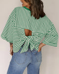 Round neck striped back tie bow pullover top