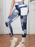 Denim-like Plaid Peach Print High-Waisted Tummy Control Slim Fit Yoga Fitness Pants