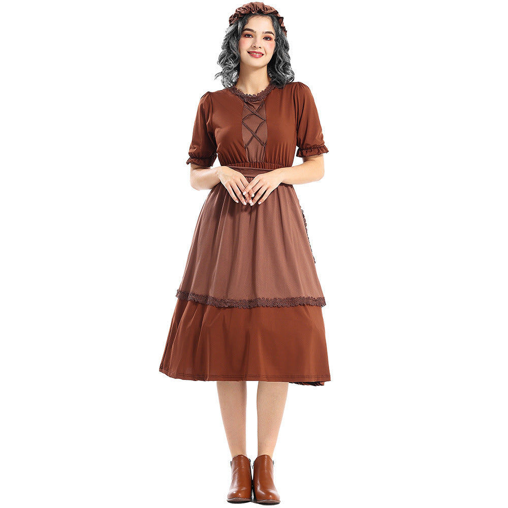 Colonial Pioneer Costume Deep Brown WolfCosplay Granny Maid Outfit with Lace Trim