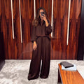 Solid color V-neck lace up loose pants set for women