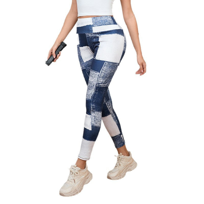 Denim-like Plaid Peach Print High-Waisted Tummy Control Slim Fit Yoga Fitness Pants