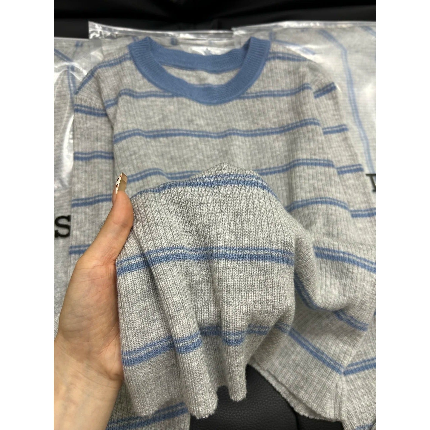Blue and Gray Contrast Lightweight Knit Sweater