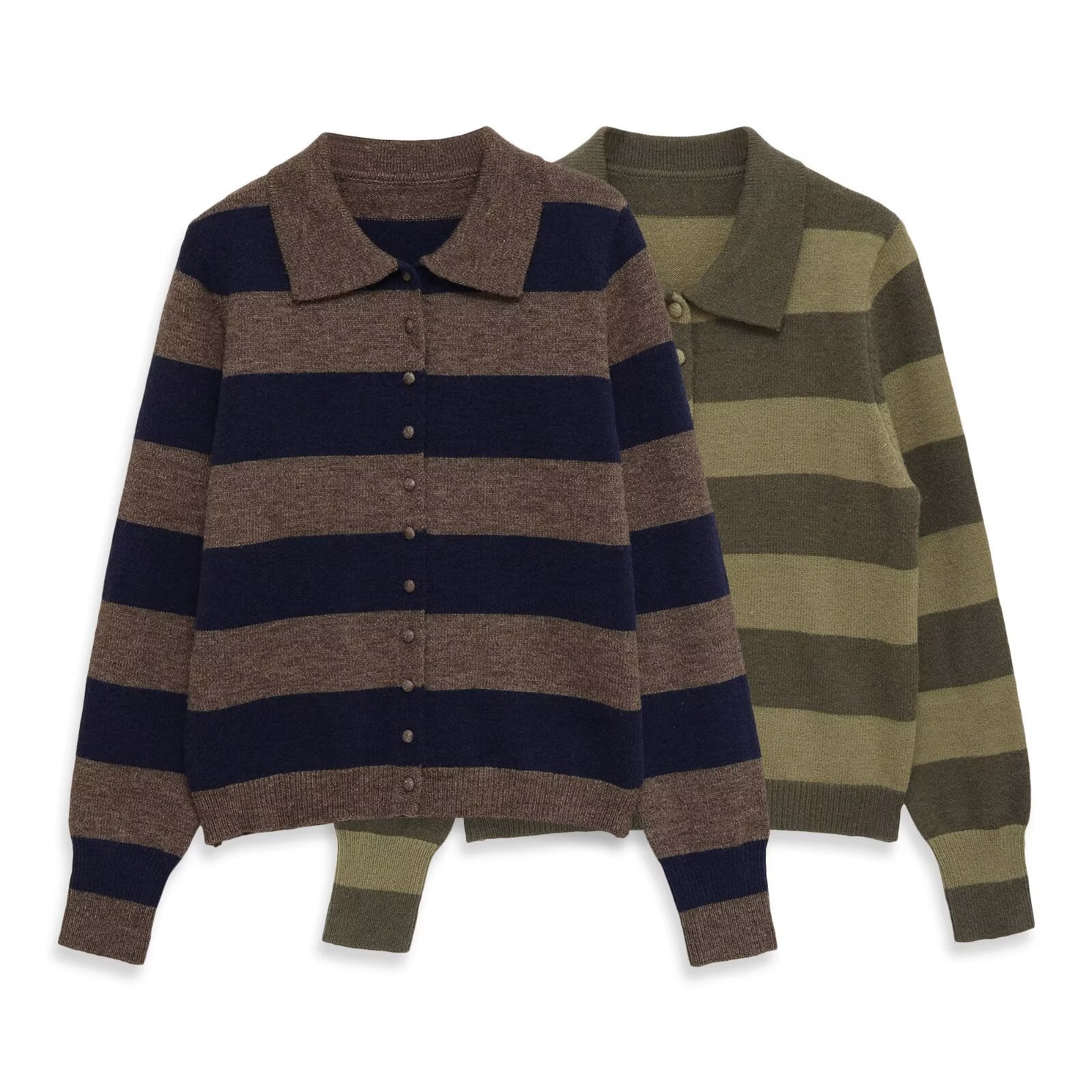 Women's long sleeved polo collar striped knitted sweater