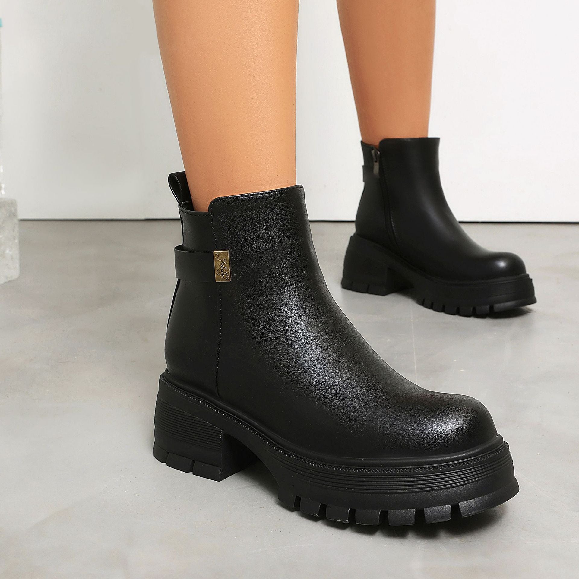 Autumn Winter High Heel Thick Sole 40-43 Large Size Side Zipper Suede Low Cuff Ankle Boots