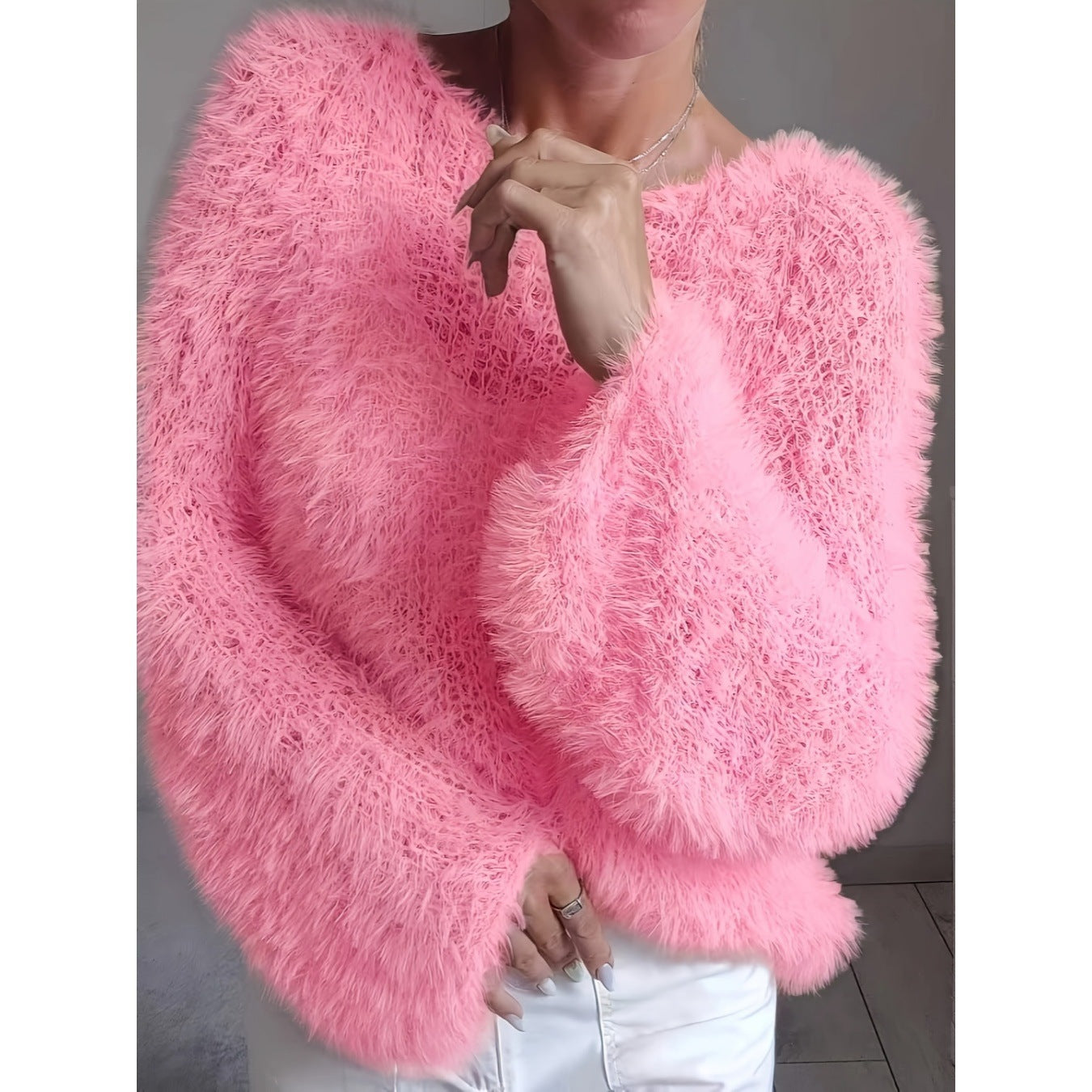 Women's macaron round neck fluffy solid color long sleeved fur top