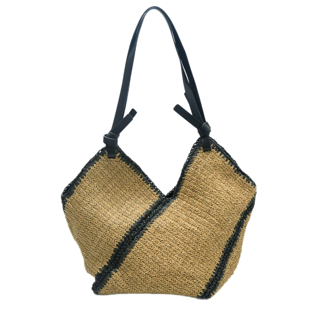Stylish Striped Single Shoulder Woven Straw Bag, Elegant Weaving Tote with Black Trim, Large Capacity, Beach Vacation Bag