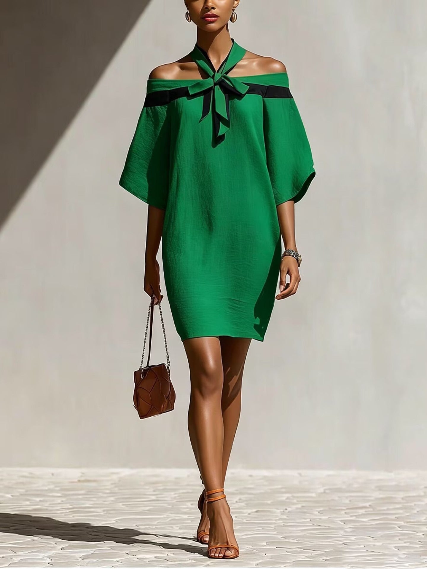 One shoulder bow collar dress