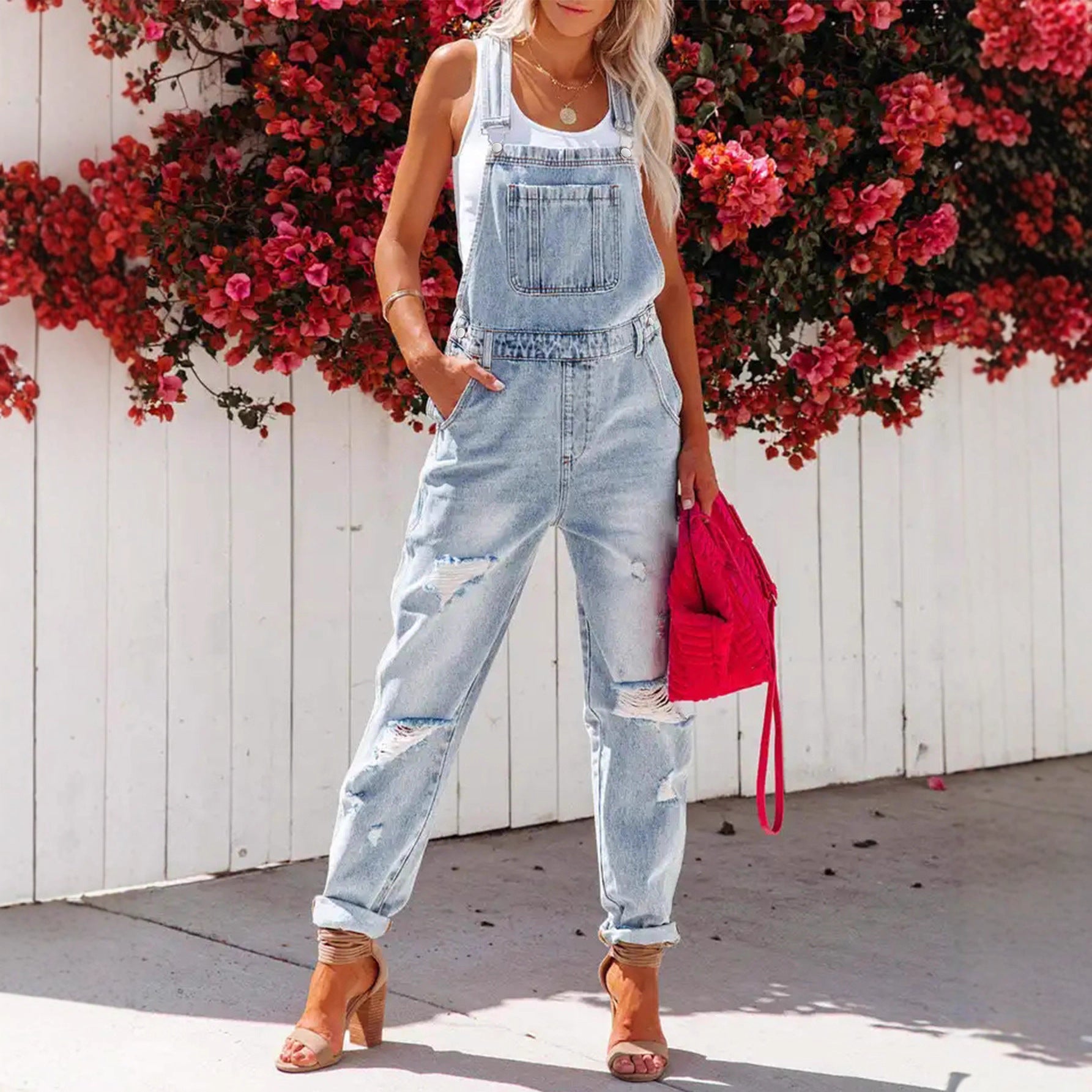 Cropped Blue Denim Overalls for Women with Ripped Details Casual FashionStrap Design, Perfect for Everyday Wear