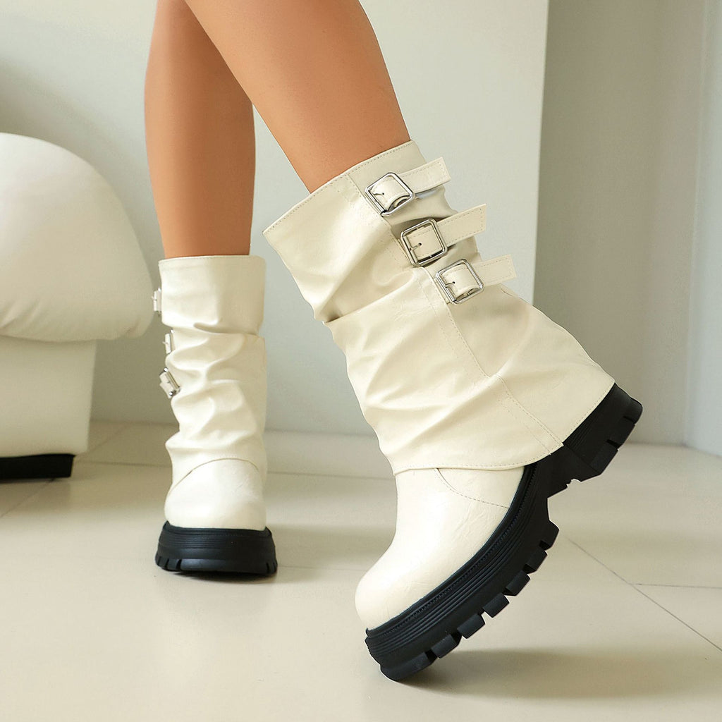 Autumn and winter thick soled high-heeled low cut women's boots with punk style leg cuffs and boots