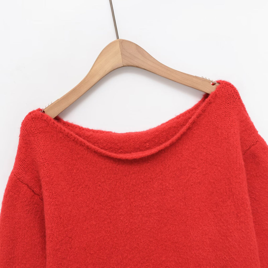 Ship collar loose shoulder pullover knit sweater