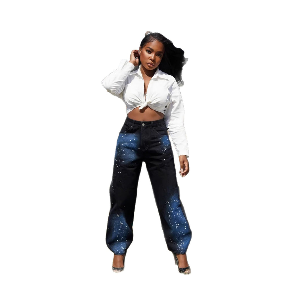 Streetwear Starry Blue Graffiti Print Straight Leg Jeans