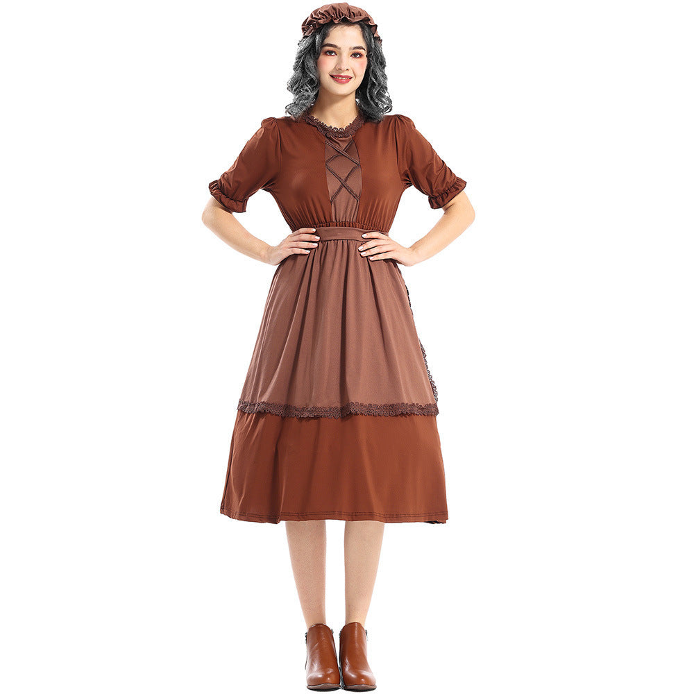 Colonial Pioneer Costume Deep Brown WolfCosplay Granny Maid Outfit with Lace Trim