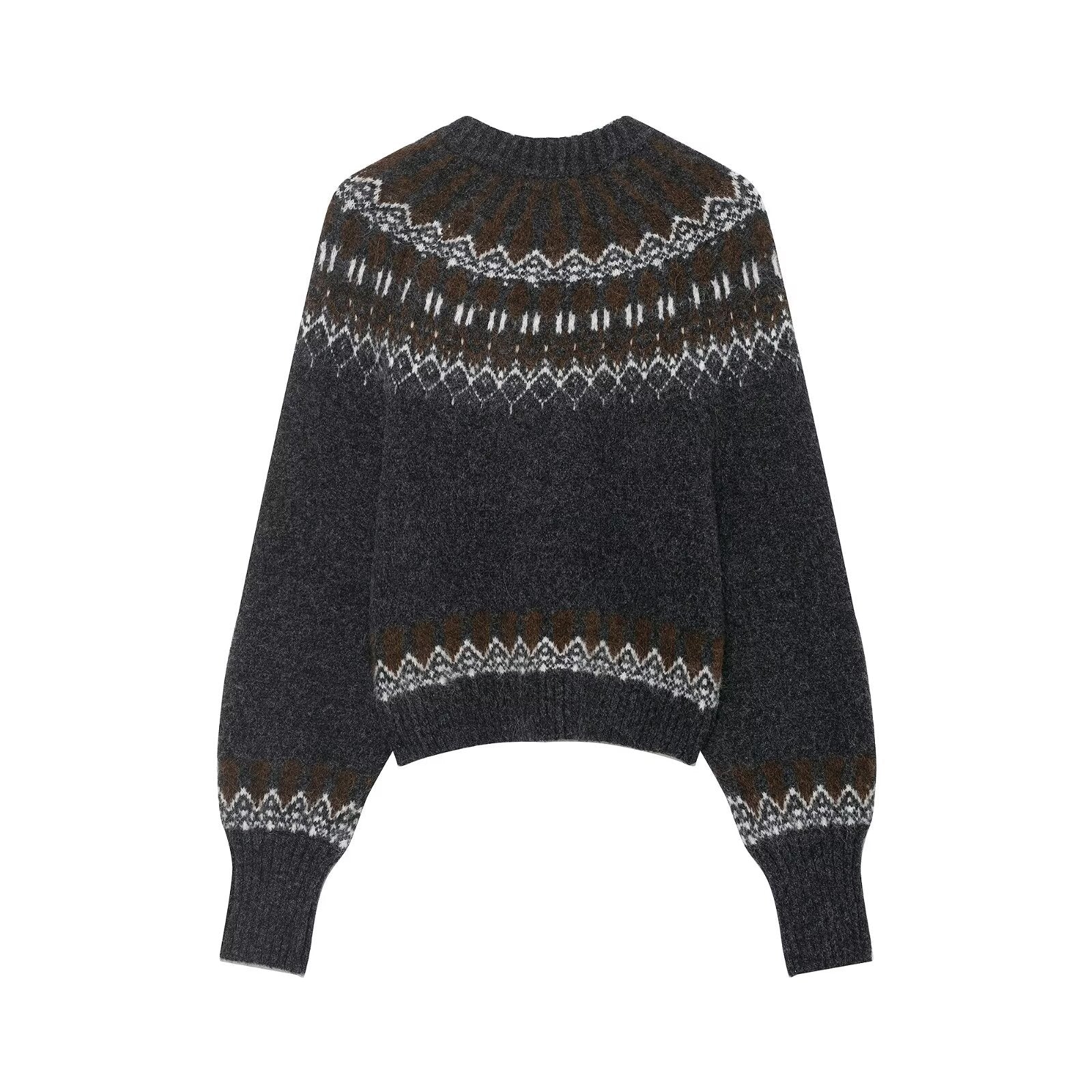Long sleeved round neck jacquard knitted sweater