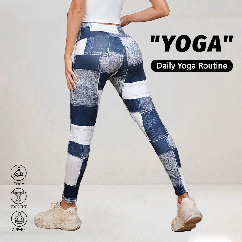 Denim-like Plaid Peach Print High-Waisted Tummy Control Slim Fit Yoga Fitness Pants