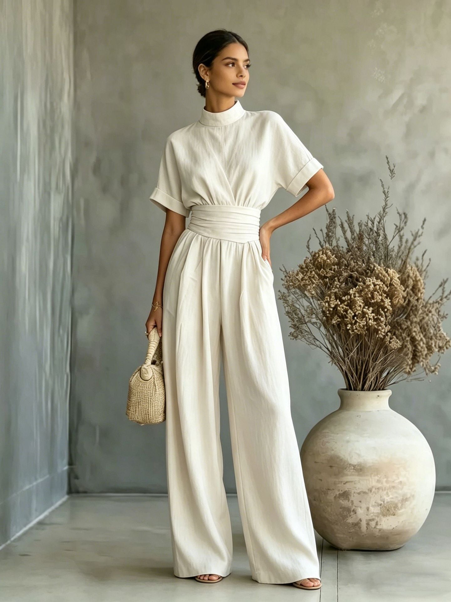 Half high neck short sleeved wide leg jumpsuit