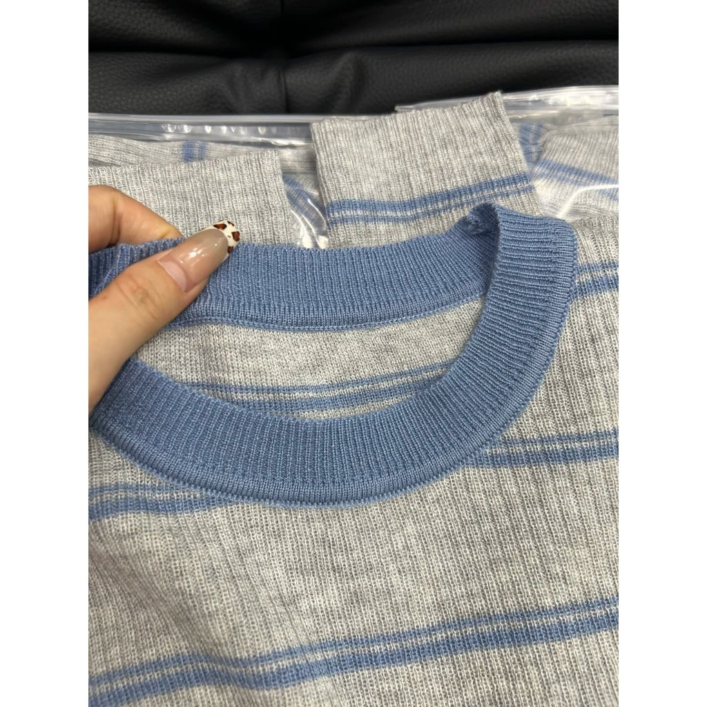 Blue and Gray Contrast Lightweight Knit Sweater