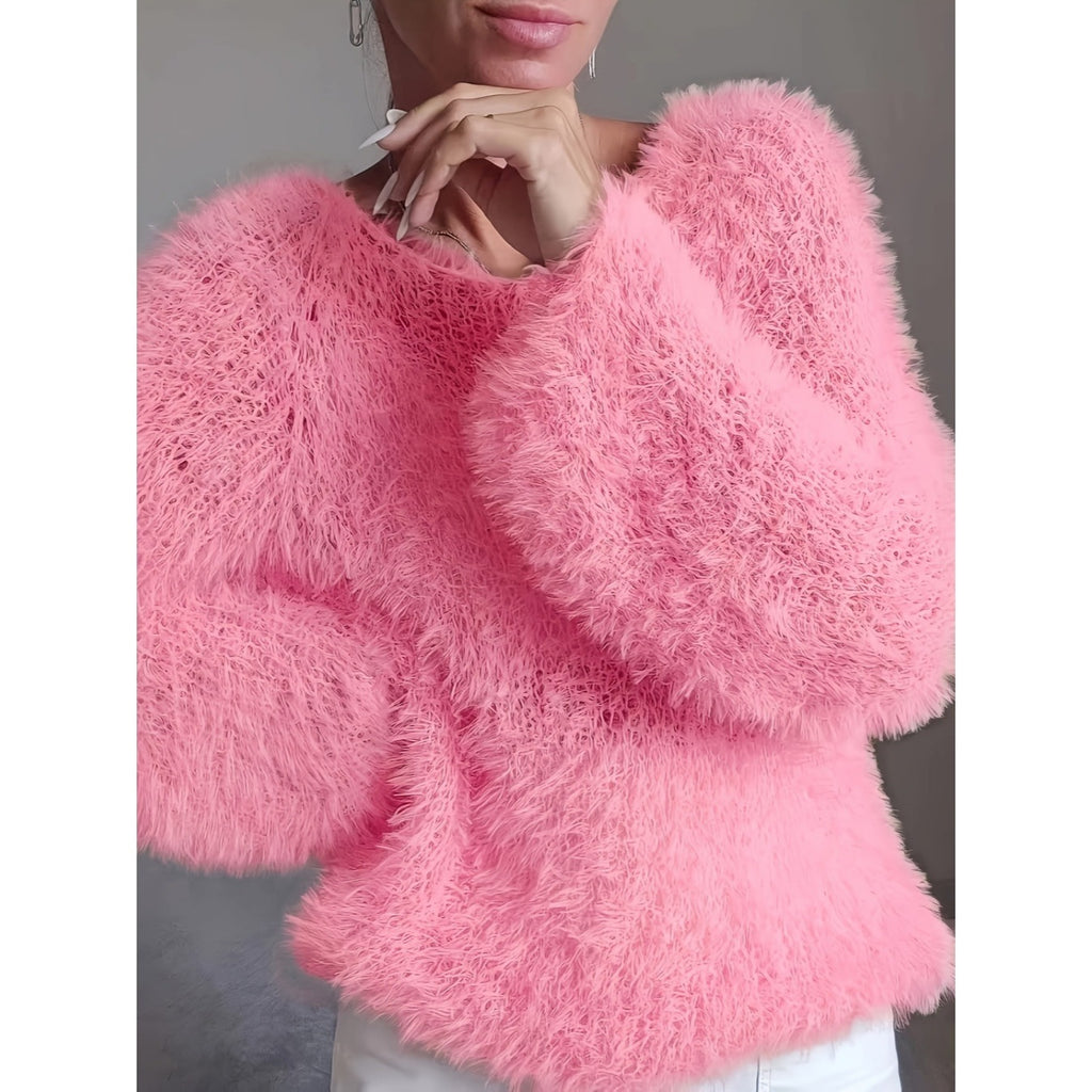 Women's macaron round neck fluffy solid color long sleeved fur top