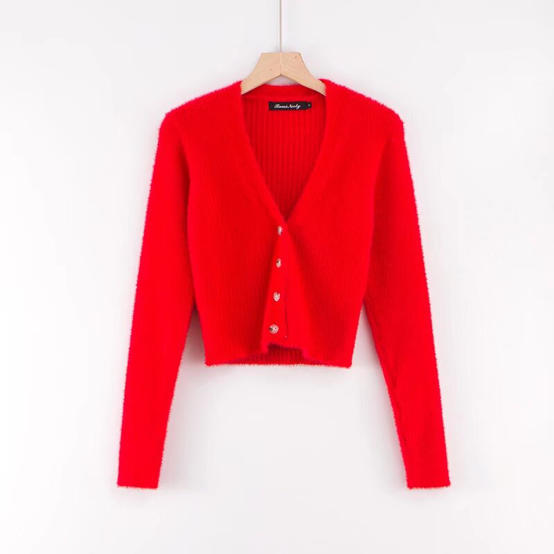 Women's Wholesale Slim Deep V-neck Four-button Front Long Sleeve Cardigan Sweater