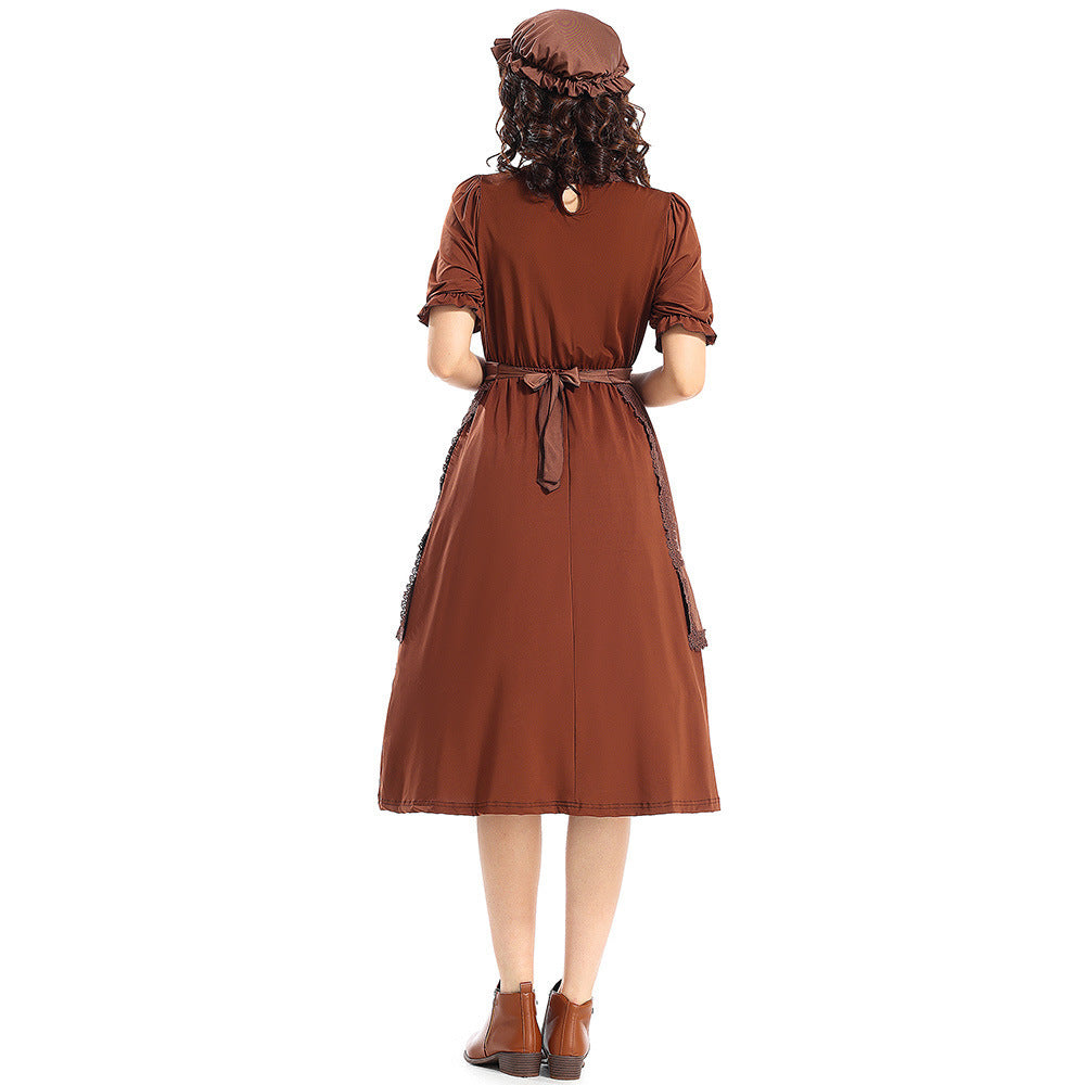 Colonial Pioneer Costume Deep Brown WolfCosplay Granny Maid Outfit with Lace Trim