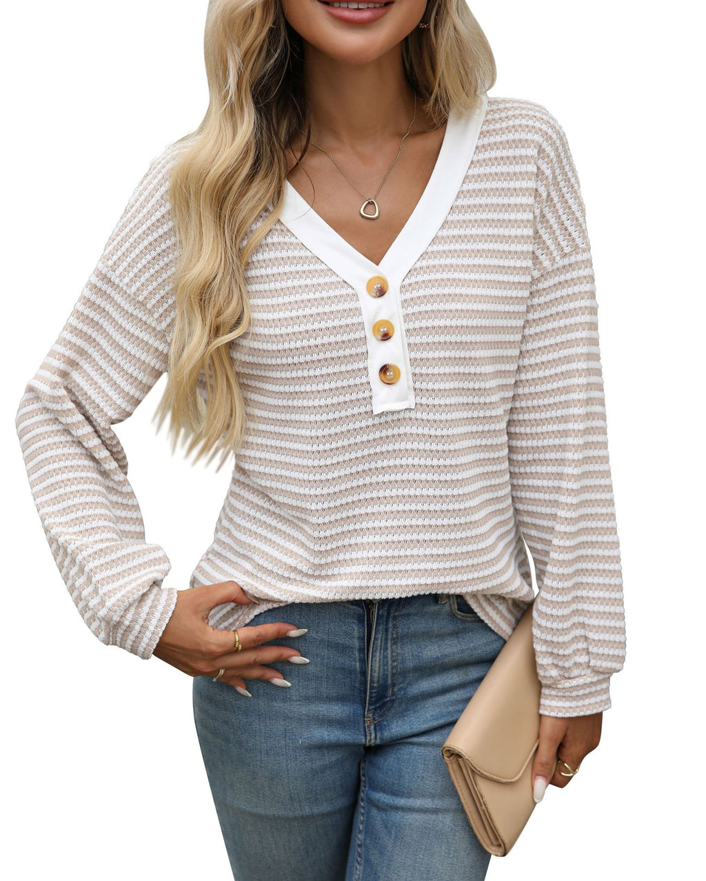 V-neck button top long sleeved color blocked T-shirt