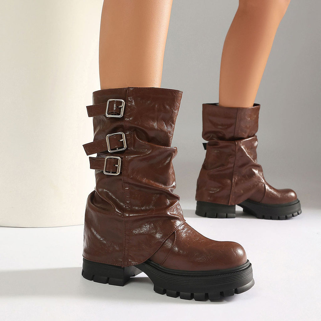 Autumn and winter thick soled high-heeled low cut women's boots with punk style leg cuffs and boots