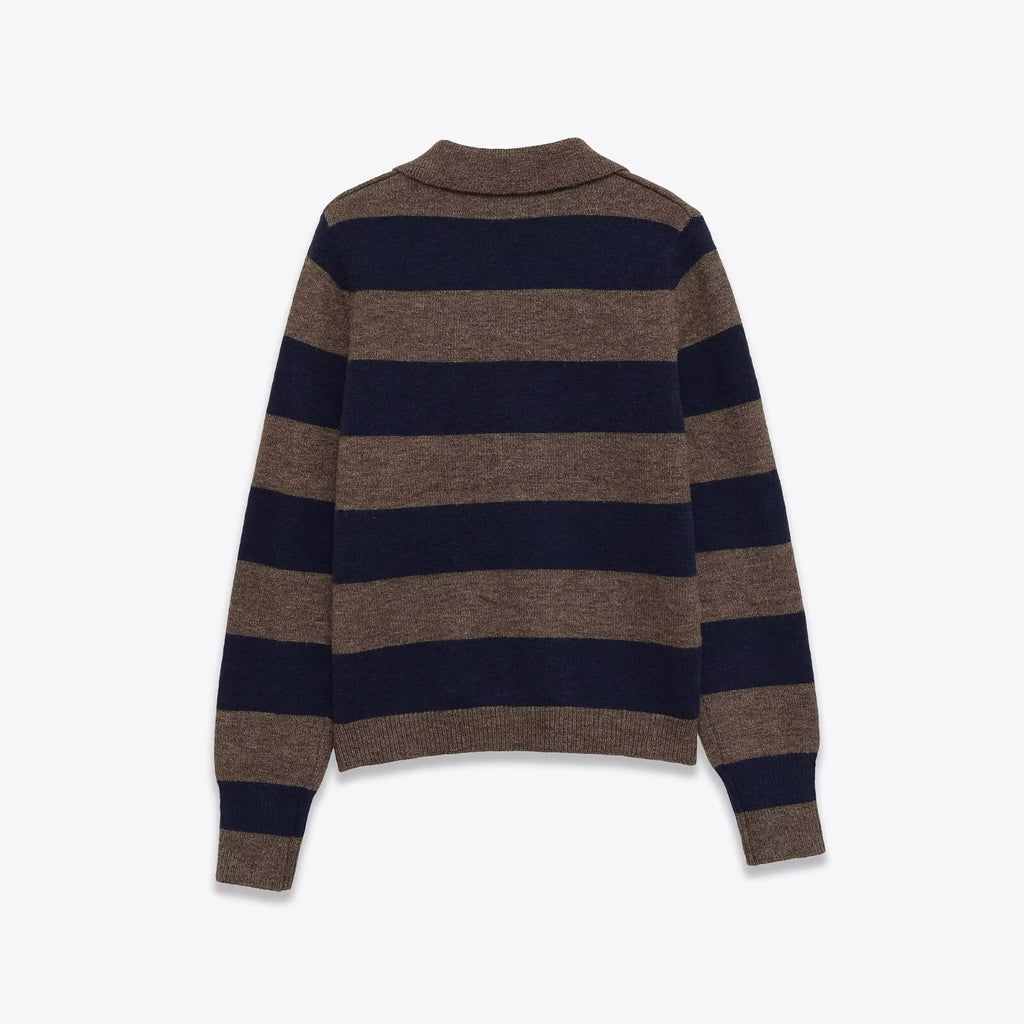 Women's long sleeved polo collar striped knitted sweater