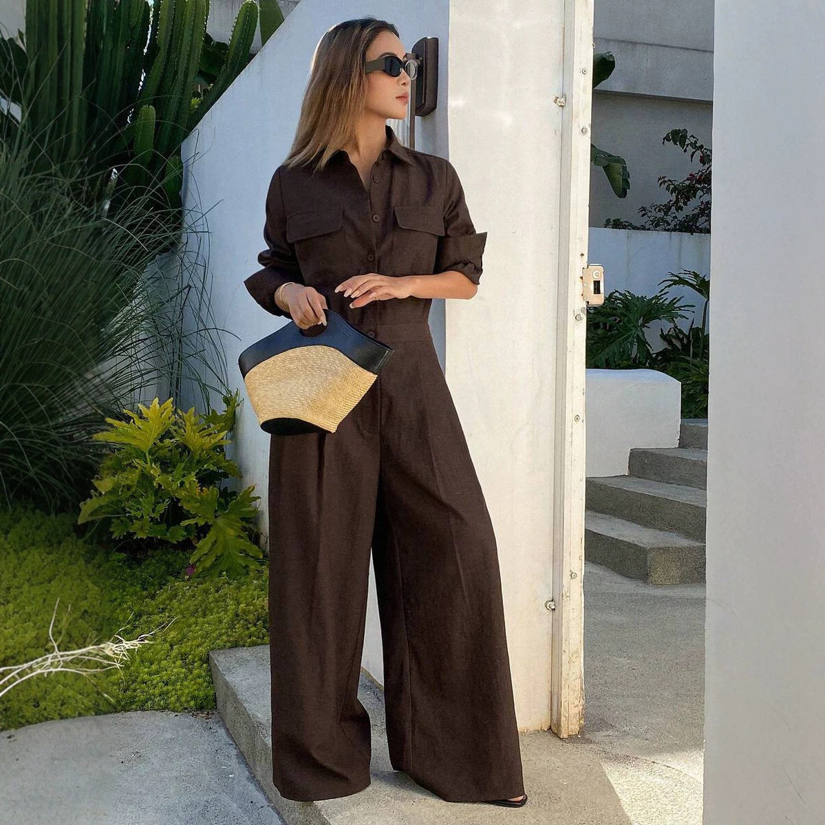 Women's collar long sleeved jumpsuit
