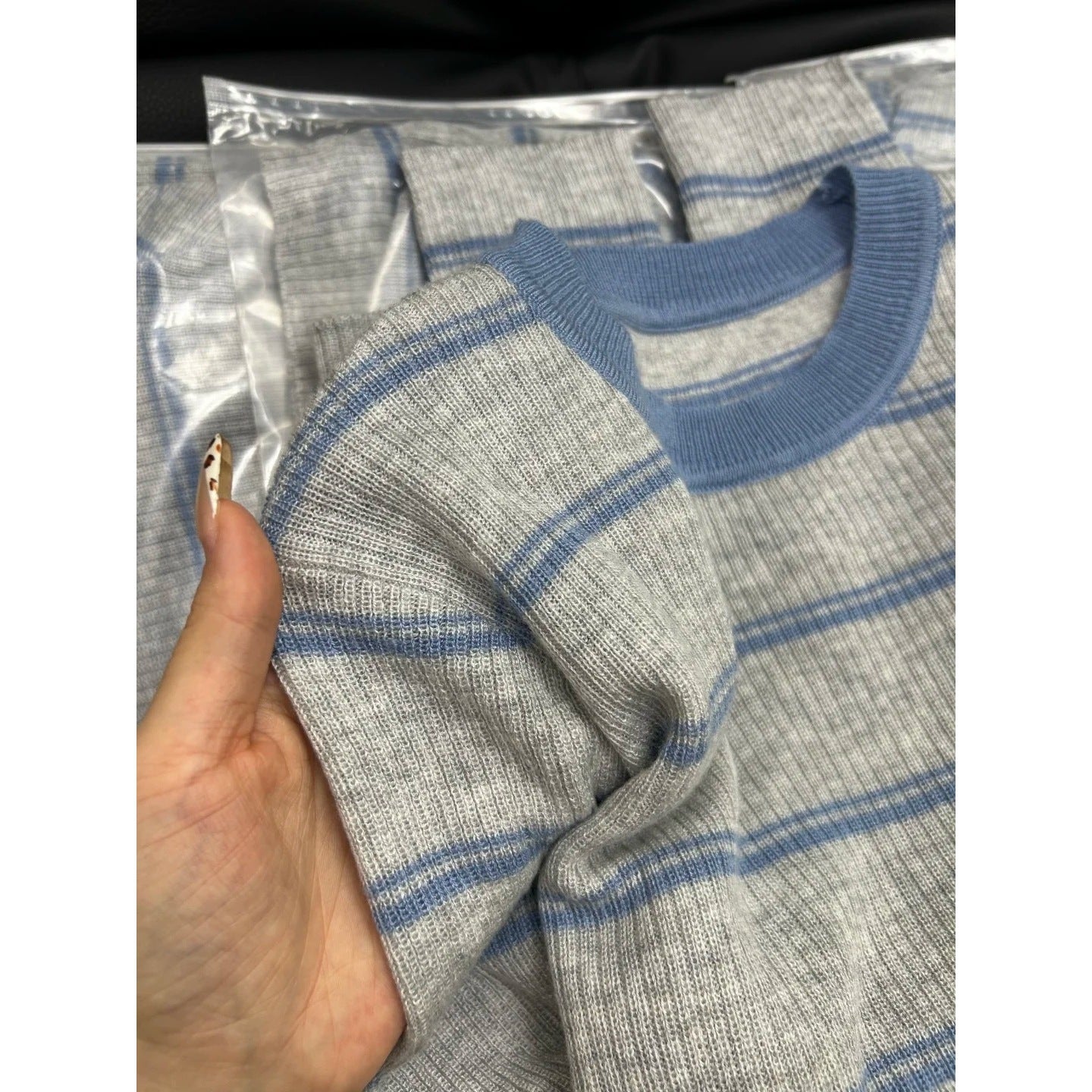 Blue and Gray Contrast Lightweight Knit Sweater