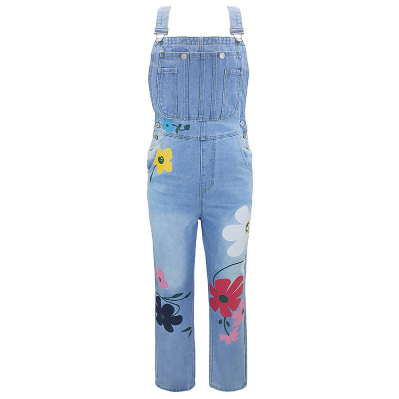 Summer Printed Overalls Denim Pants with Ripped Details, Loose Straight Leg Casual Stylish Versatile Long Pants for Women