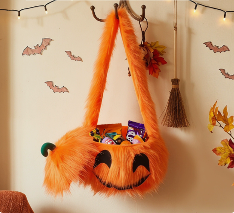 Halloween Plush Creative Party Devil Pumpkin Head Prop Trick-or-Treat Handheld Pumpkin Head Bag