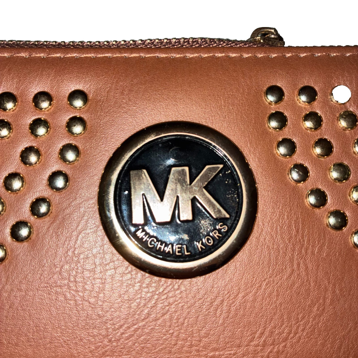 Michael Kors Jet Set Wallet Studded Brown Zip Around Continental Gold MK Log