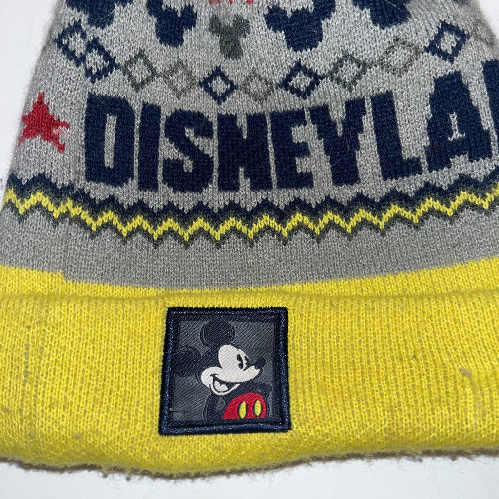 Disneyland Mickey Mouse Pom Beanie Gray Yellow Knit Winter Hat