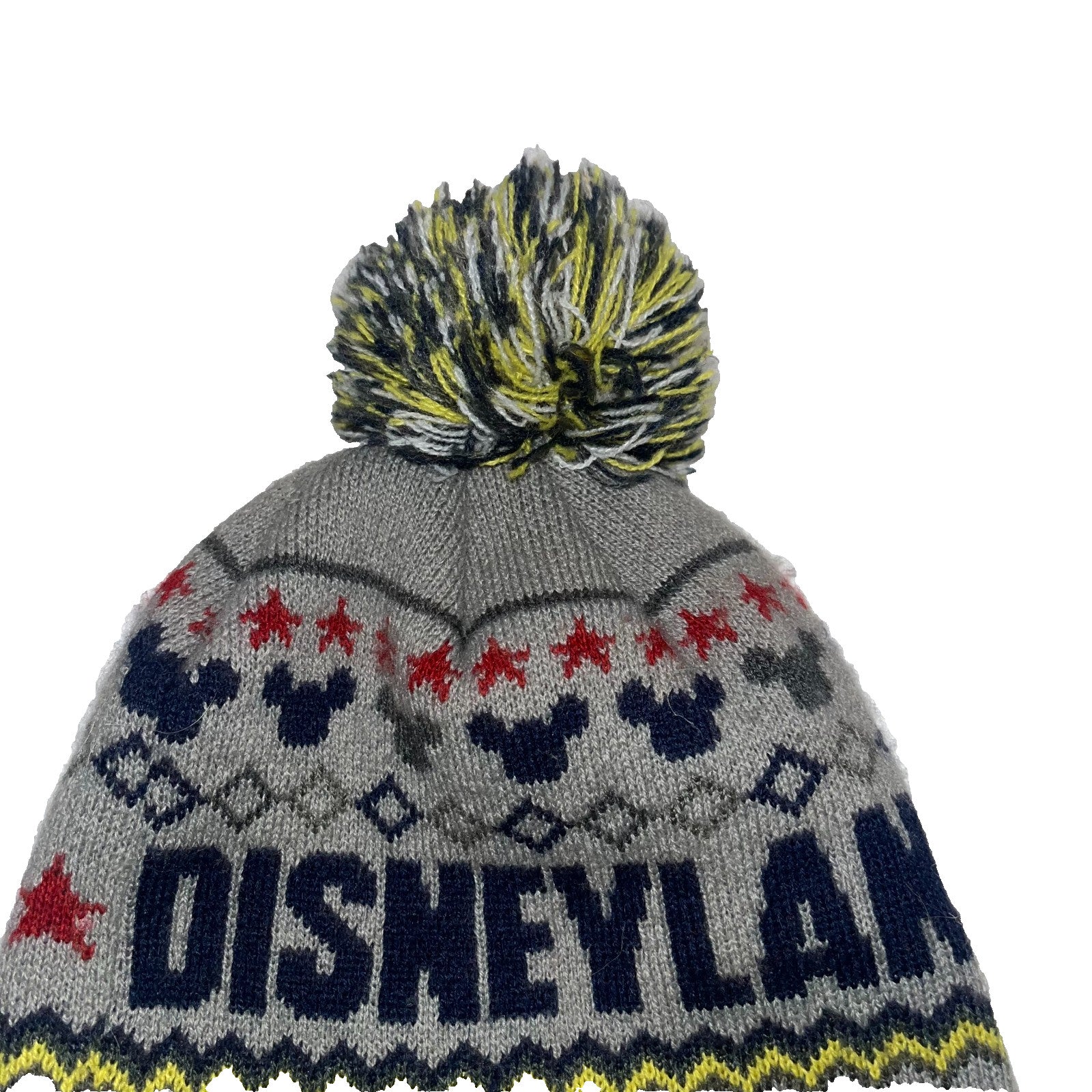 Disneyland Mickey Mouse Pom Beanie Gray Yellow Knit Winter Hat