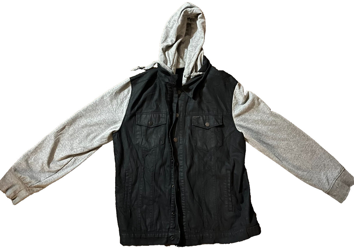 DRAVUS Hybrid Denim Trucker Jacket XL Denim Body w/ Fleece Sleeves & Hood