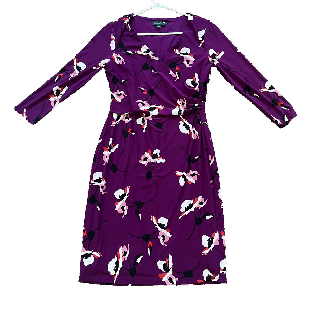 Lauren Ralph Lauren Size 8 Jersey Dress 3/4 Sleeve Passion Plum/Cream