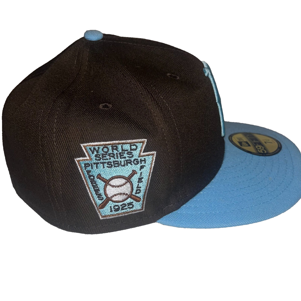 New Era 59FIFTY Pittsburgh Pirate Fitted Hat Black Crown & Light Blue Brim 7 1/4