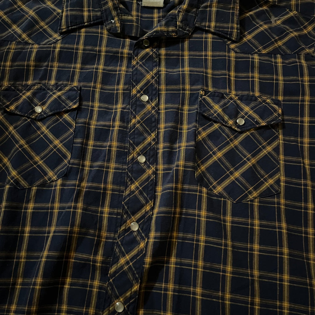 Wrangler Short-Sleeve Western Shirt 2XL – Blue/Black/Yellow Plaid Pearl Snap
