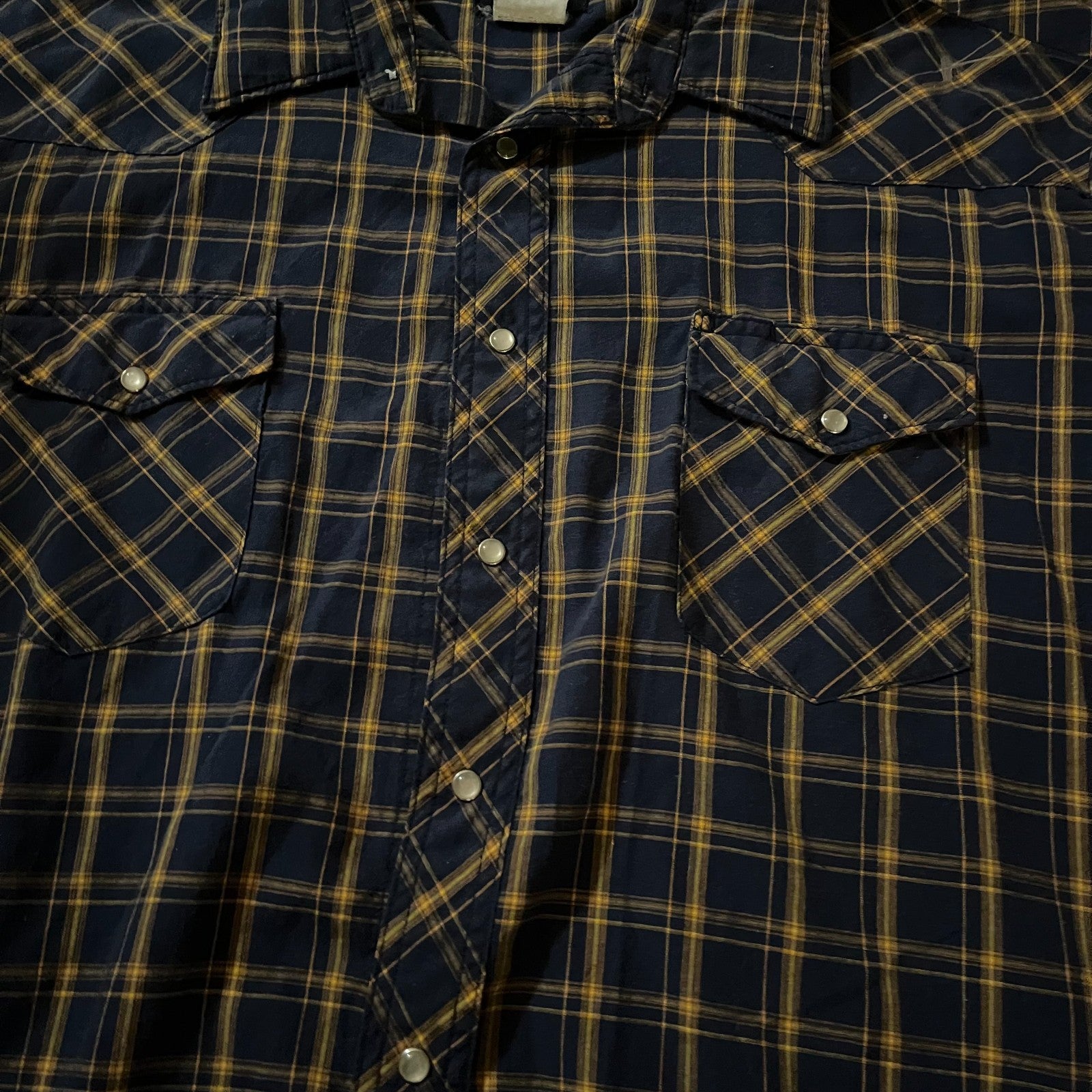 Wrangler Short-Sleeve Western Shirt 2XL – Blue/Black/Yellow Plaid Pearl Snap